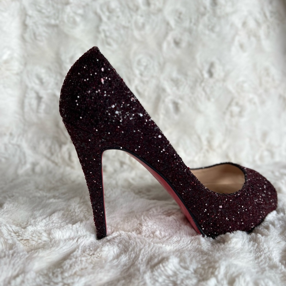 Christian Louboutin Very Prive 120 Burgundy Glitter Peep Toe Heels Size 38 US 8 - Picture 7 of 17